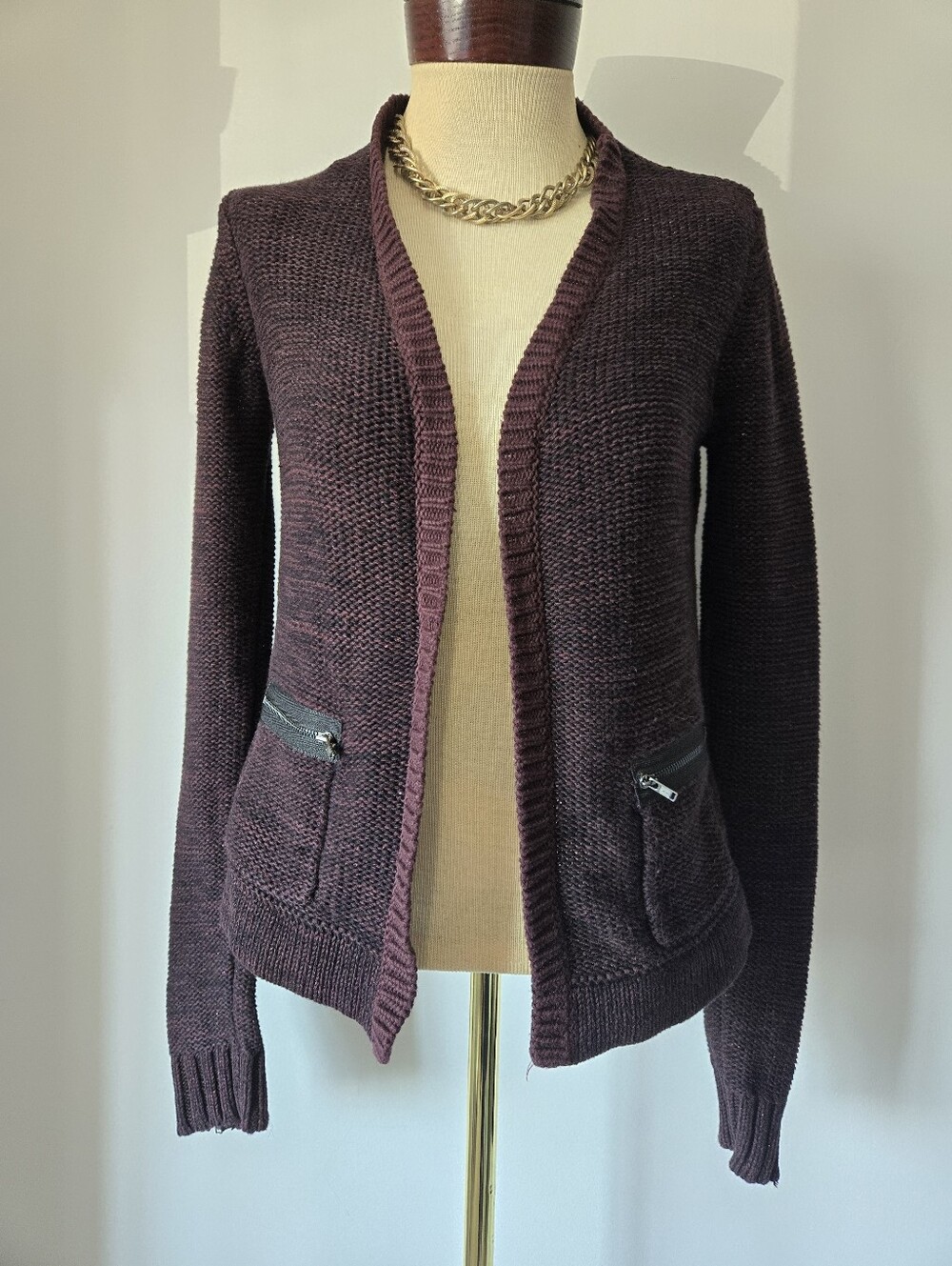RW&CO. Open-Front Knit Cardigan in Deep Plum. Size Small